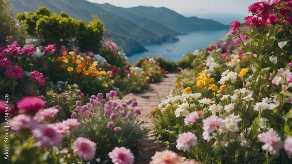  Artifical Intelligence generated vivid colorful landscape scenery with a path. Floral background in nature on the mountains.  AI generated image