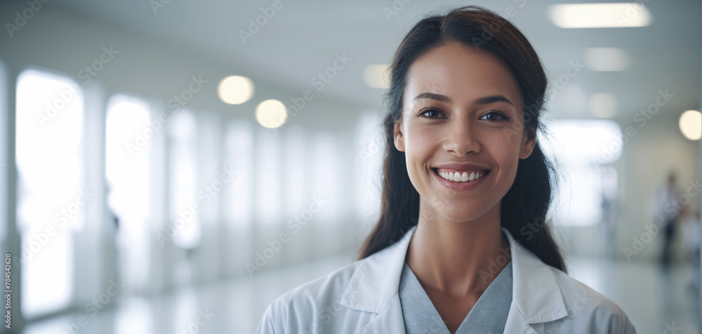 Fototapeta premium portrait of female doctor in hospital. banner, wallpaper, copy space, design template, hospital marketing, medical banner, website banner, healthcare concept, clinic, advertisement