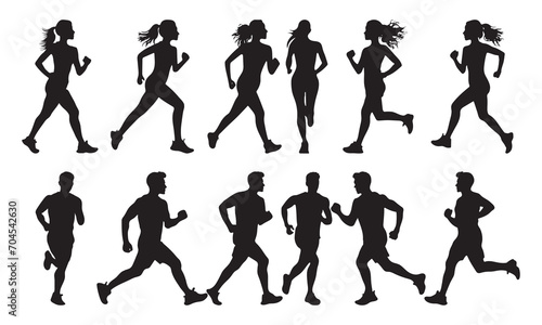 People doing running exercises are isolated on a white background. jogging exercise silhouette set. man and woman silhouettes.