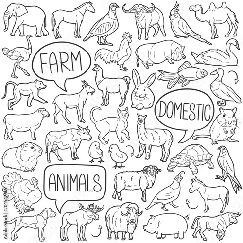 Domestic Animals Doodle Icons Black and White Line Art. Farm Pets Clipart Hand Drawn Symbol Design.