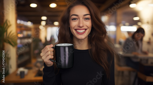 Mug mockup  beautiful woman holding a black mug and smiling in a bar