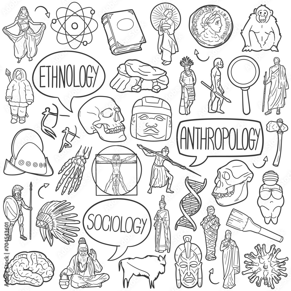 Anthropology Doodle Icons Black and White Line Art. Sociology Clipart Hand Drawn Symbol Design.