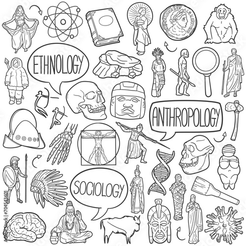 Anthropology Doodle Icons Black and White Line Art. Sociology Clipart Hand Drawn Symbol Design.