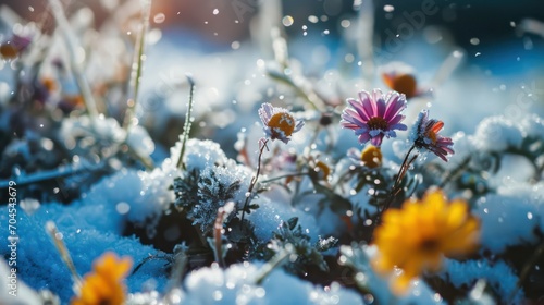 Blossoming flowers gracefully covered in snow, creating a picturesque winter scene © Matthew