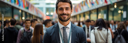 Image of a foreign professional attending a networking event, career advancement banner