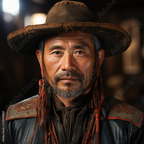 A picture of mongolian man with old style cap or hat and old style clothes Generative AI