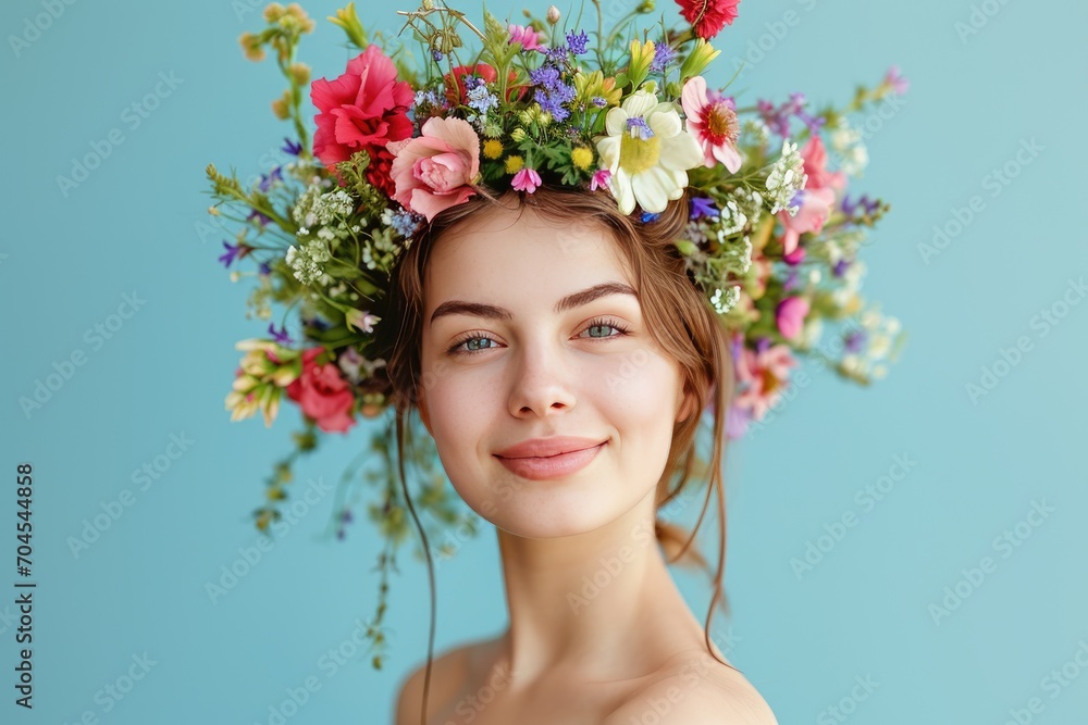 Woman with a crown of colorful flowers on a blue background. Studio portrait. Spring and nature beauty concept. Design for poster, Easter greeting card, banner. Springtime composition
