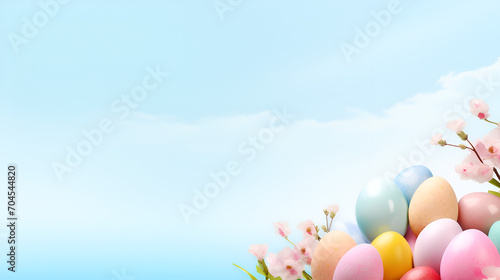copy space, no text, a vibrant Easter promo poster with Midjourney! Infuse the design with festive pastel colors, Easter eggs, and joyful elements. Include ample space for text to highlight exclusive 