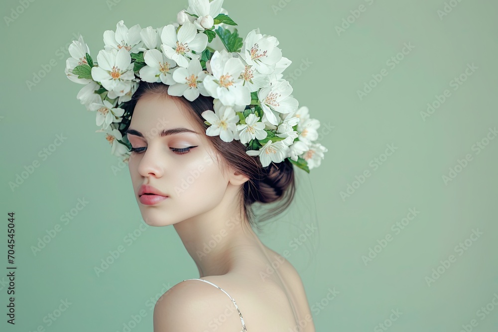 Beautiful young woman in wreath of jasmine flowers. Spa, beauty, cosmetics and hair care concept. Spring elegance. Springtime holidays and celebrations. Graceful girl. Easter celebration concept