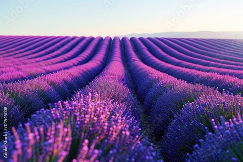 Scenic view of endless lavender fields in Provence, France. Beautiful summer landscape with blooming aromatic lavender flowers. Spring beauty, springtime elegance