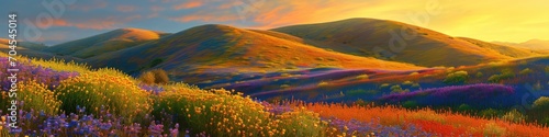 Colorful spring landscape with hills, flowers and sun. Tranquil nature scenery with lavender field. Scenic view of blooming meadow. Springtime beauty, spring elegance. Panoramic banner with copy space © dreamdes