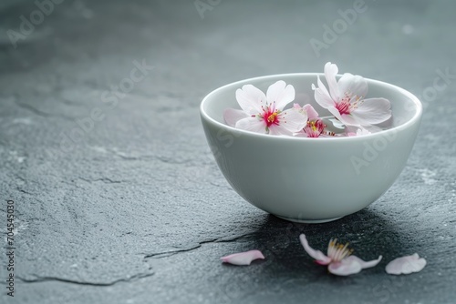 Delicate pink and white cherry blossoms in a white bowl on a solid grey background. Still life photography for beauty or spa poster  banner. Springtime beauty and elegance. Copy space