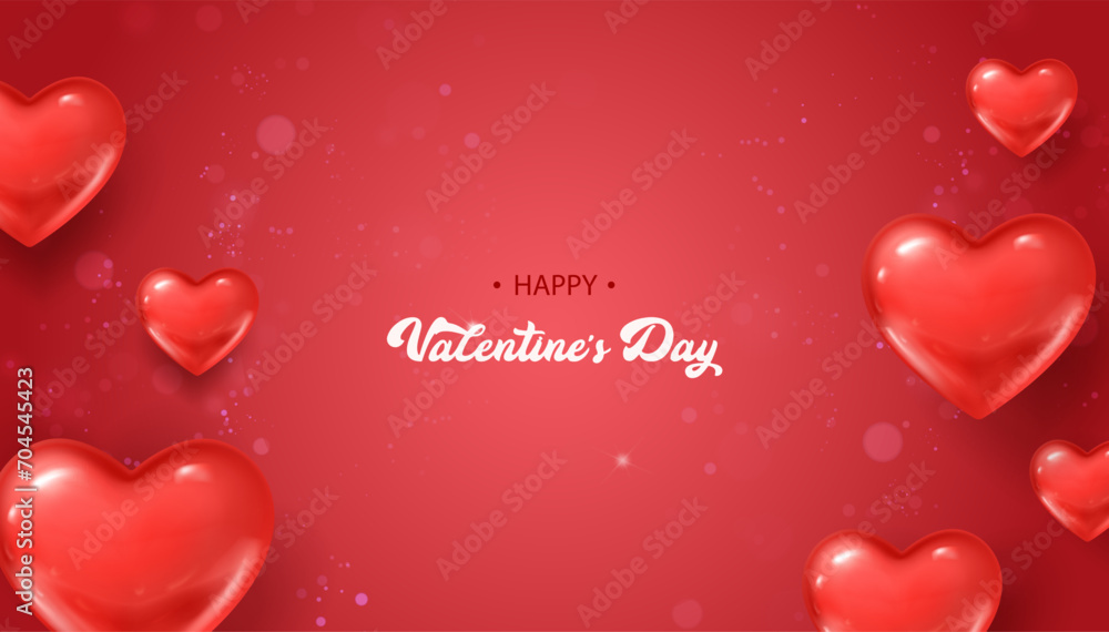 3d realistic vector illustration. Red hearts happy Valentines banner.