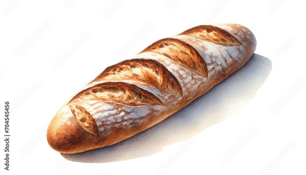 Watercolor painting of a French baguette, showcasing its golden-brown crust and airy interior on a white background.
