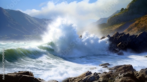 A coastal view with waves crashing against rugged cliffs, creating a dramatic spray of sea foam.