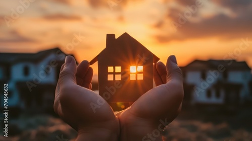 A conceptual background on home protection insurance, featuring hands holding a paper house photo