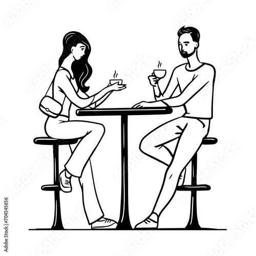 Young couple in a cafe. A man and a girl drink coffee and talking. Vector illustration drawing. Black and white sketch