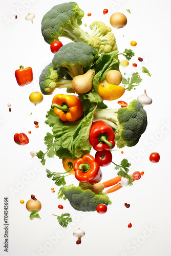 Various colorful vegetables falling on white background  levitation concept with healthy food