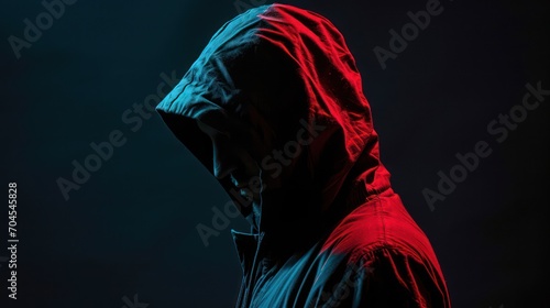A hooded man with his face covered, set against a black background—illustrating the concepts of hacking and information protection photo