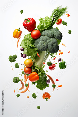 Various colorful vegetables falling on white background, levitation concept with healthy food