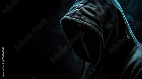 A hooded man with his face covered, set against a black background—illustrating the concepts of hacking and information protection