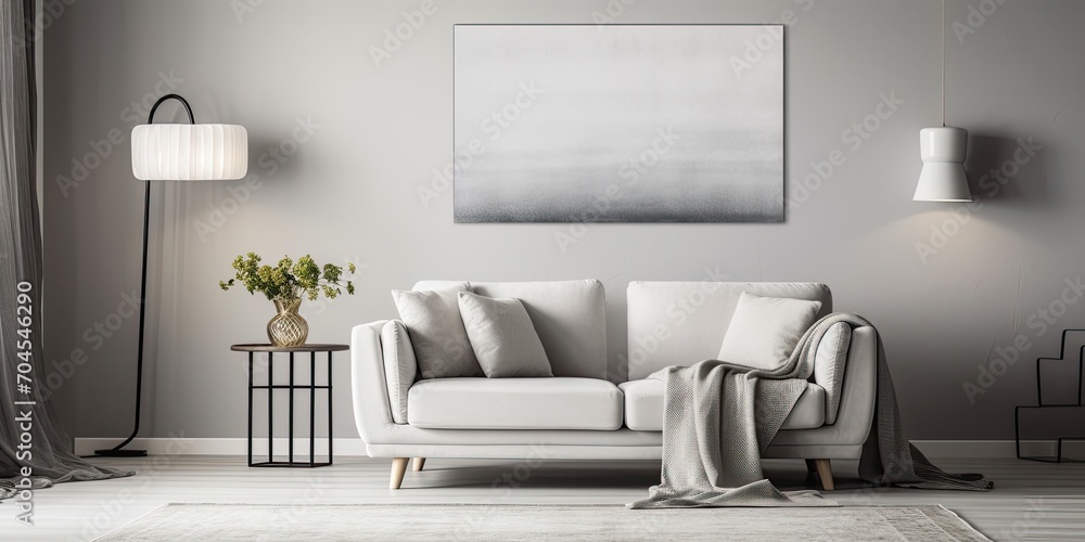 Real photo of white table on carpet in front of grey settee in apartment interior with painting and lamp. Real photo of white table on carpet in front of grey settee in apartment interior with painting and lamp.