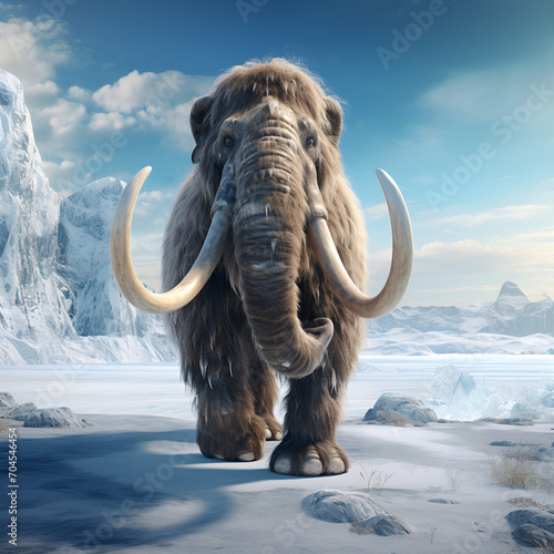 Woolly mammoth roaming the terrains of the ice age earth. Generative AI.	 photo