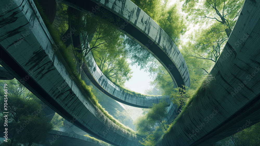 Foto de Curved concrete structures intertwined with lush greenery ...