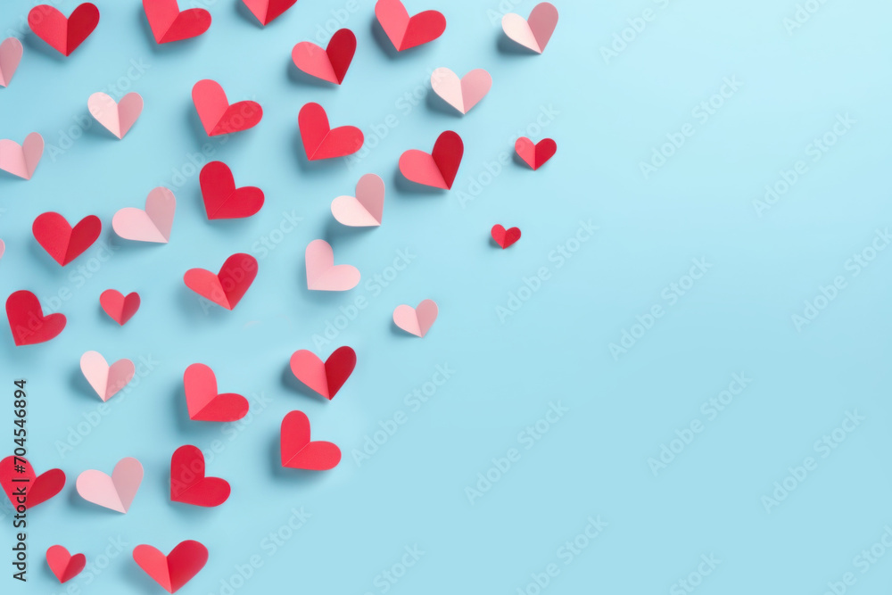 Valentines Day card with red and pink paper hearts on blue background. Love concept. Greeting card with copy space. View from above.