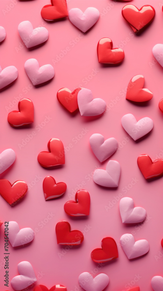 Vertical Valentines Day card of pink and red hearts on pink background. Love concept. Greeting card.
