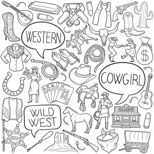 Western Doodle Icons Black and White Line Art. Cowgirl Clipart Hand Drawn Symbol Design.