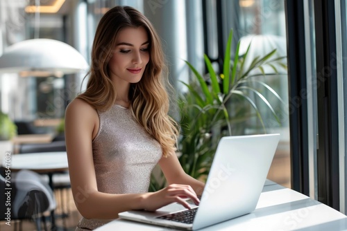 Modern Office Professional at Her Laptop in a Designer Workspace. Generative AI. Free Download Modern Office Professional at Her Laptop in a Designer Workspace. Generative AI. - GFXLoad