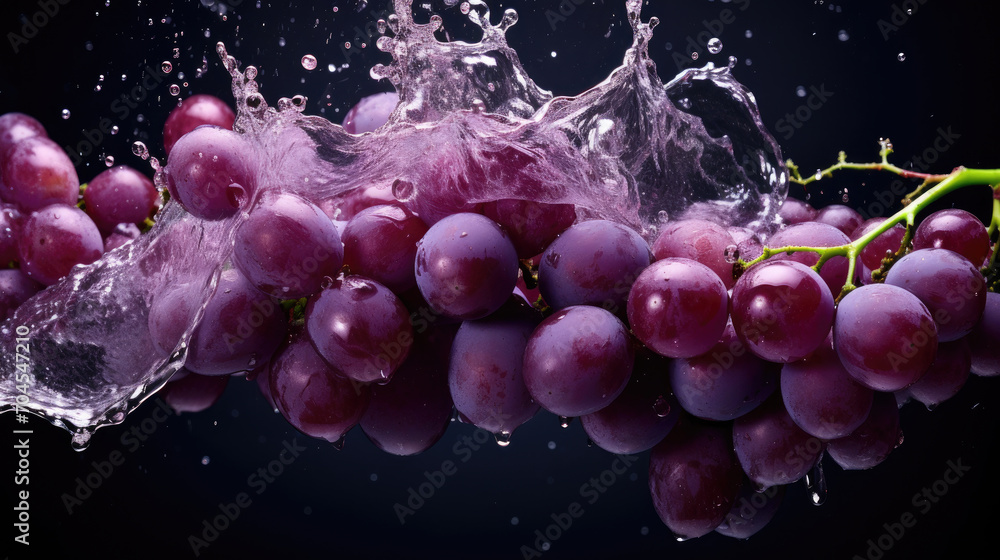 Smooth Fresh Ripe Purple Grapes Fruits falling into the water and splashing created with Generative AI Technology