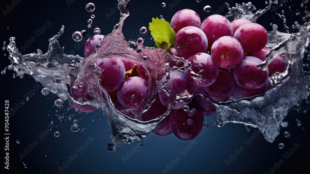Smooth Fresh Ripe Purple Grapes falling into the water and splashing Smooth Fresh Ripe Purple Grapes falling into the water and splashing