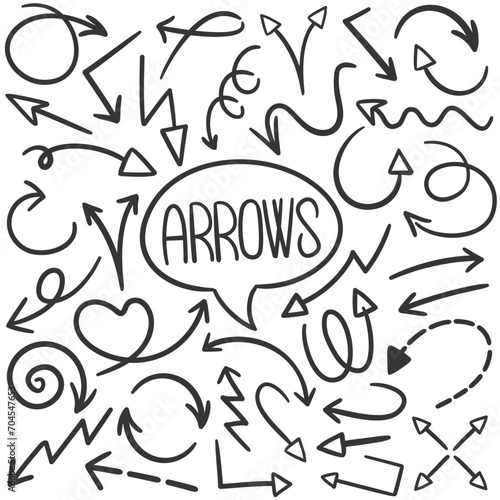 Arrows Doodle Icons Black and White Line Art. Comic Clipart Hand Drawn Symbol Design.