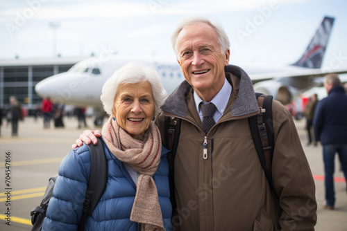 Senior couple boards the plane in airport terminal. Cheerful aged man and woman travelling together