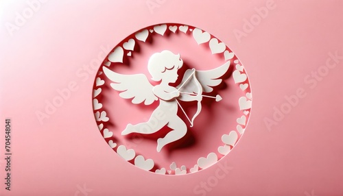 Valentines day cupid with bow and arrow on pink background. Generative AI photo