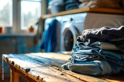 Stacked clean washed clothes on wooden board against background with washing machine in home laundry