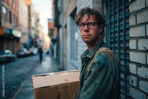 Sad white man in glasses holding a box with items on the street
