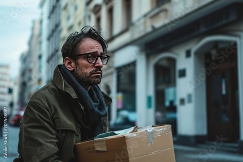 Sad white man in glasses holding a box with items on the street © Jang