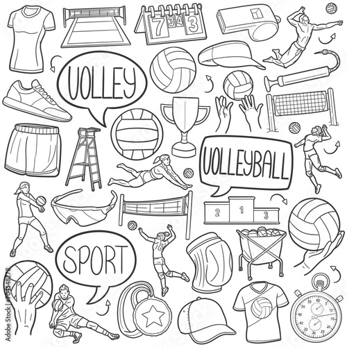 Volleyball Doodle Icons Black and White Line Art. Volley Clipart Hand Drawn Symbol Design.