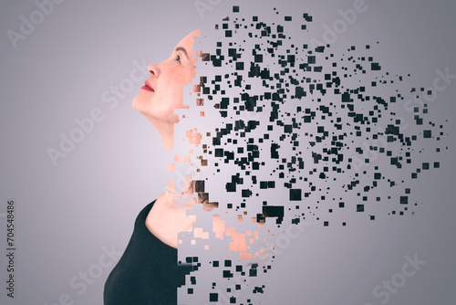 A close up portrait of an asian woman with pixelated dispersion photo