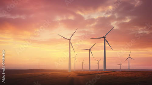 Wind turbines on the sea in the sunset