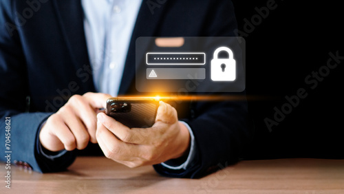 Fototapeta Naklejka Na Ścianę i Meble -  cybersecurity concept, user privacy security and encryption, secure internet access Future technology and cybernetics, screen padlock.
hand and phone with icon safety lock on network data.