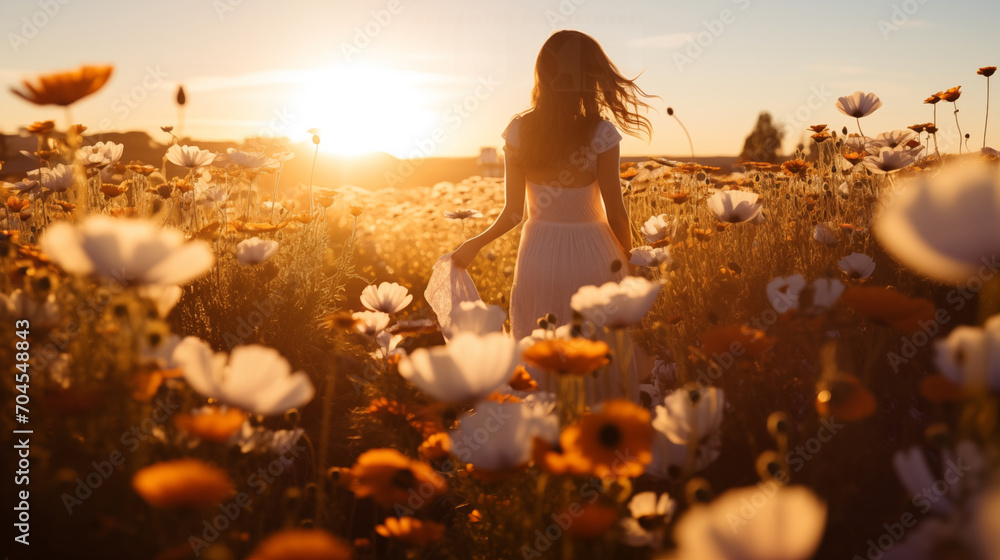 Woman in the middle of wildflowers during sunset