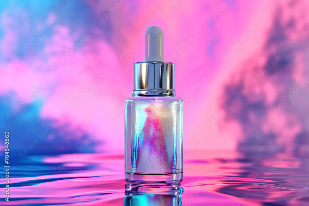 Y2K aesthetic 3d render style bottle with face serum, cosmetics ad Y2K aesthetic 3d render style bottle with face serum, cosmetics ad