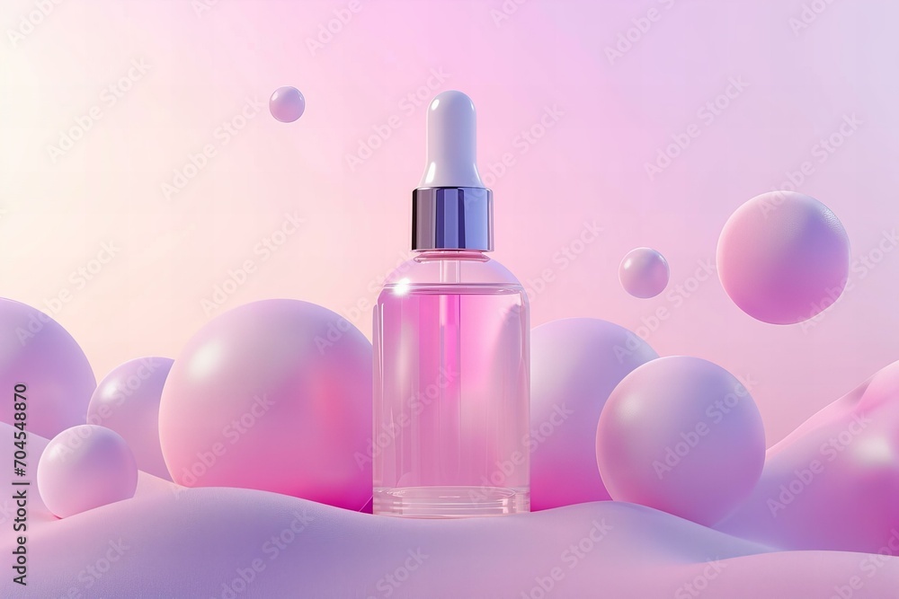 Y2K aesthetic 3d render style bottle with face serum, cosmetics ad Y2K aesthetic 3d render style bottle with face serum, cosmetics ad