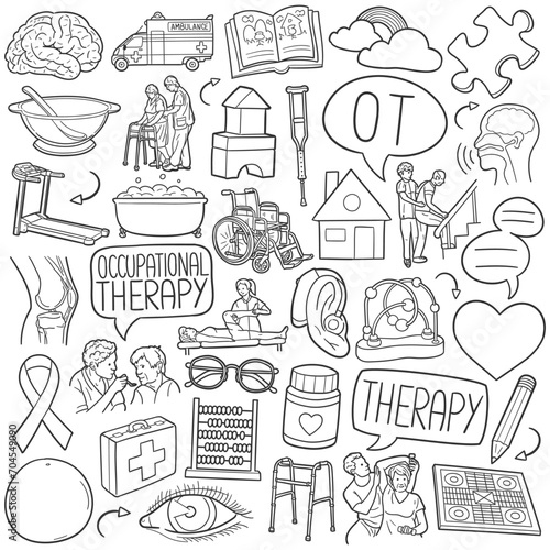 Occupational Therapy Doodle Icons Black and White Line Art. Therapist Clipart Hand Drawn Symbol Design.