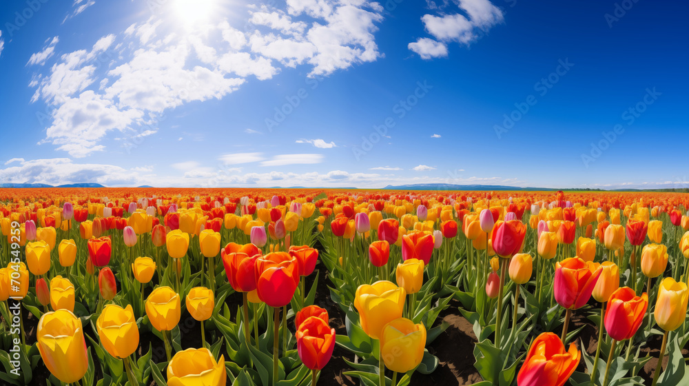 field of tulips, blue sky and clouds
