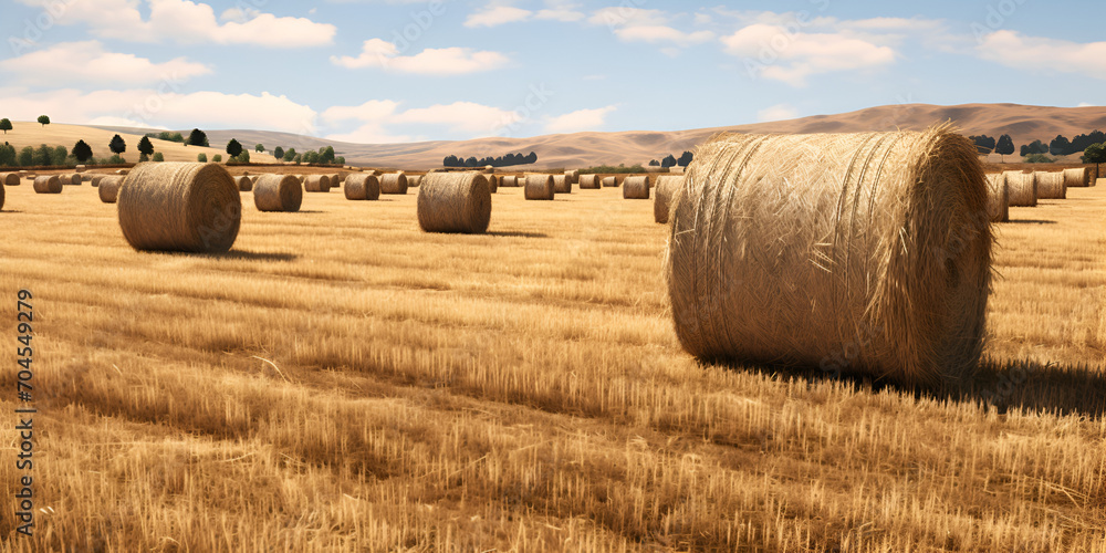 Rural Beauty Agricultural Field with Hay Bales on a Warm Day, Agricultural field with hay bales on a beautiful warm and bright summer day blue sky with some clouds Generative AI
